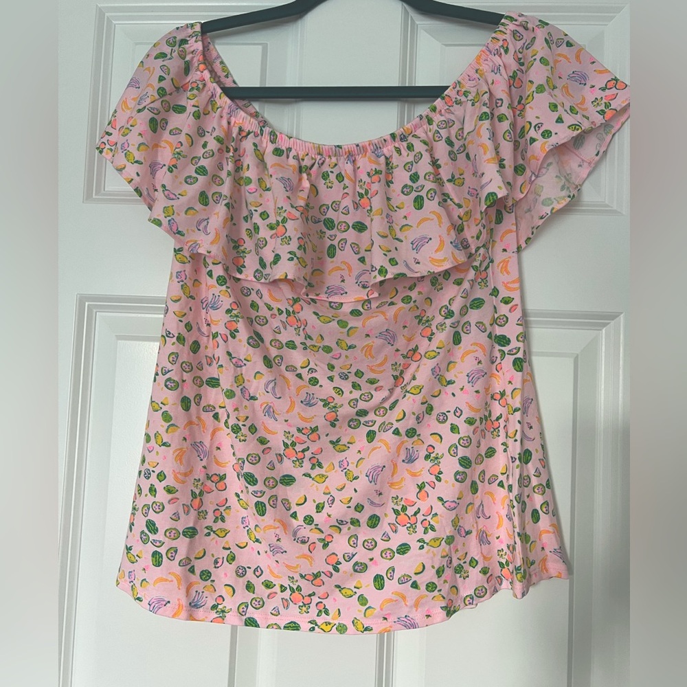 Lilly Pulitzer La Fortuna off the shoulder ruffle top size M pale pink fruit